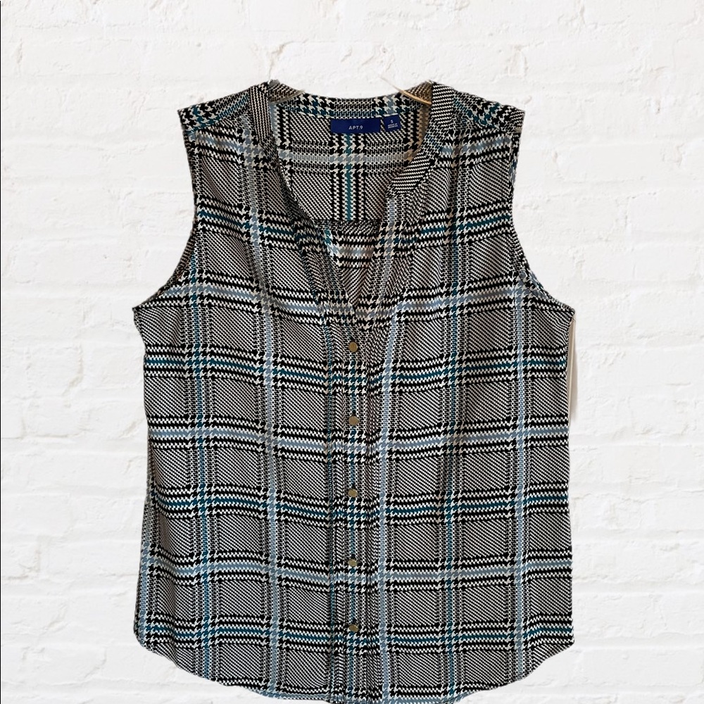 Plaid, blue & black, sleeveless blouse, Henley type front. Small